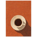 Cream cup filled with dark coffee on a saucer, viewed from above against terracotta orange with a long brown shadow.