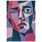 Angular geometric face in pink, deep blue, lilac and cream, with one open eye, one narrowed eye and textured brushwork.