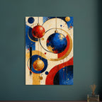 The Bauble Orchestra shows suspended circular ornaments and intersecting painted shapes in cobalt, vermilion, ochre and cream