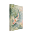 Long-finned koi with coral and dark markings swimming among lily pads in pale green, blue and blush watercolour washes.
