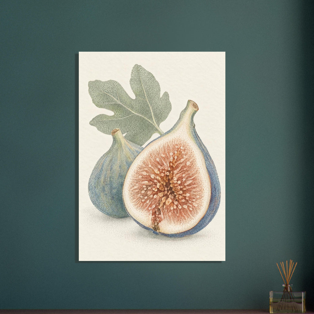 Halved fig with rust-coloured flesh beside a whole blue-green fig, beneath a green leaf on a cream background.