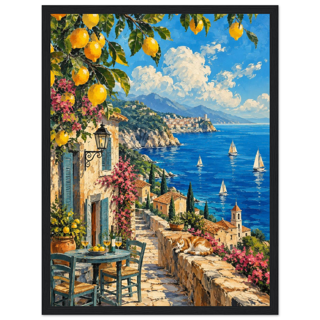 Lemon branches above a seaside terrace with a table, chairs and resting cat, overlooking sailboats and a coastal village.