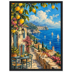Lemon branches above a seaside terrace with a table, chairs and resting cat, overlooking sailboats and a coastal village.
