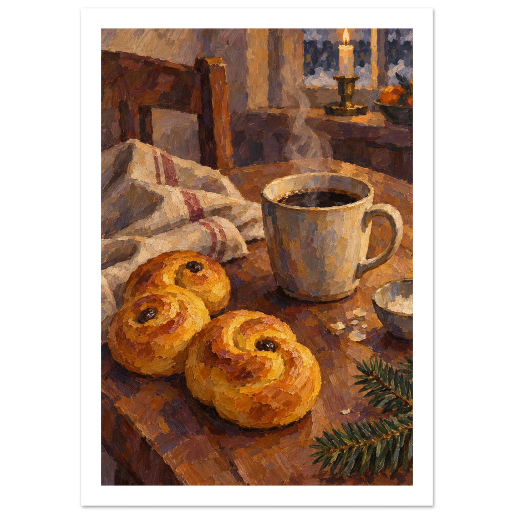 Golden curled buns beside a steaming mug on a wooden table, with a striped cloth, lit candle and evergreen sprig.