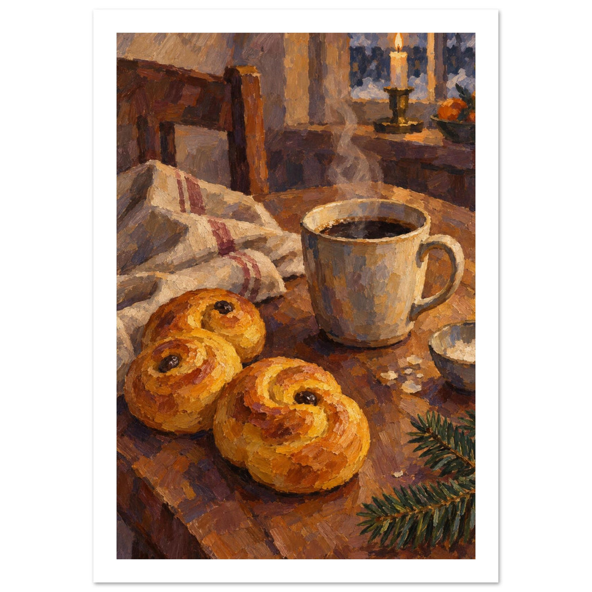 Golden curled buns beside a steaming mug on a wooden table, with a striped cloth, lit candle and evergreen sprig.