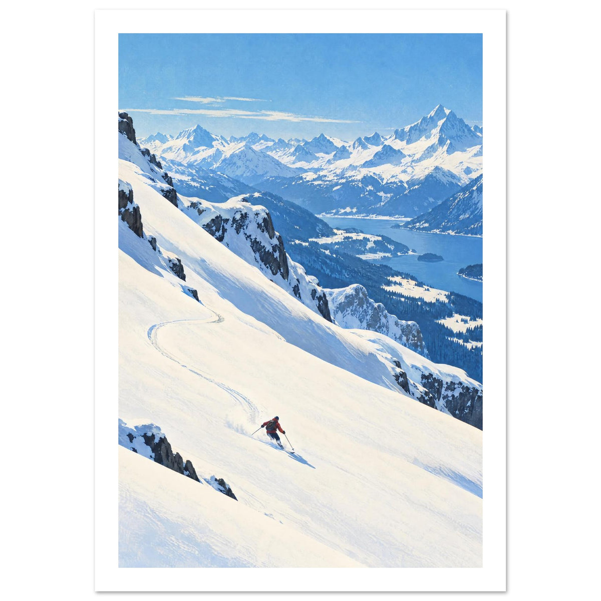 Lone skier carving tracks down a snowy slope above a blue lake, forested valleys and distant snow-covered mountains.