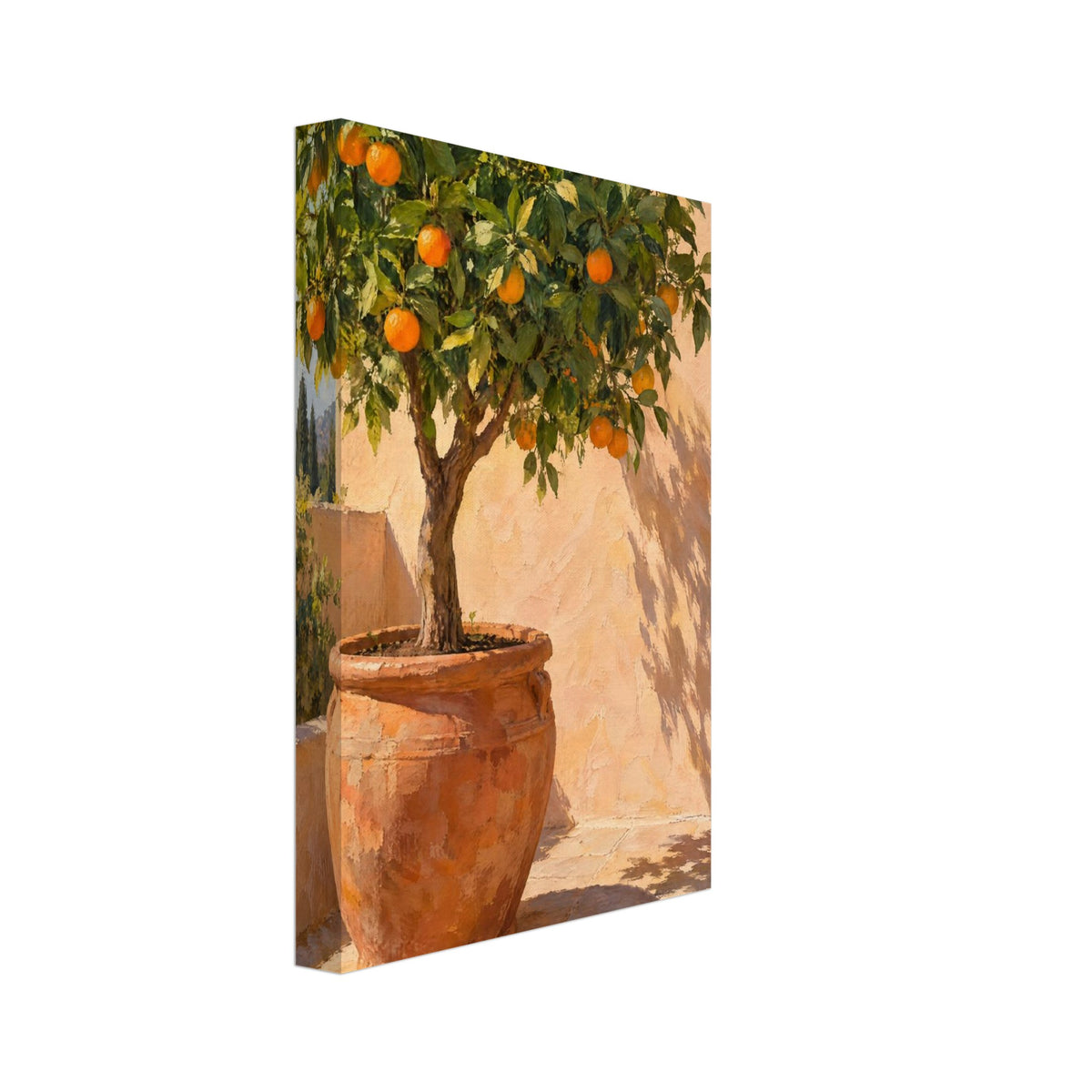 Orange tree in a terracotta pot on sunlit courtyard paving, with leafy shadows cast across a peach wall.