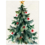 Watercolour Christmas tree with red baubles and a gold star, painted in loose green brushstrokes