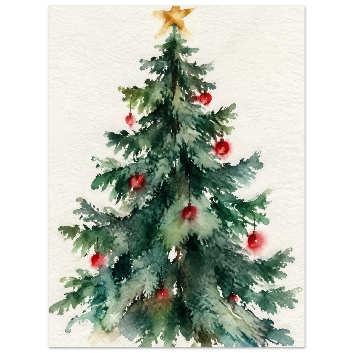 Watercolour Christmas tree with red baubles and a gold star, painted in loose green brushstrokes