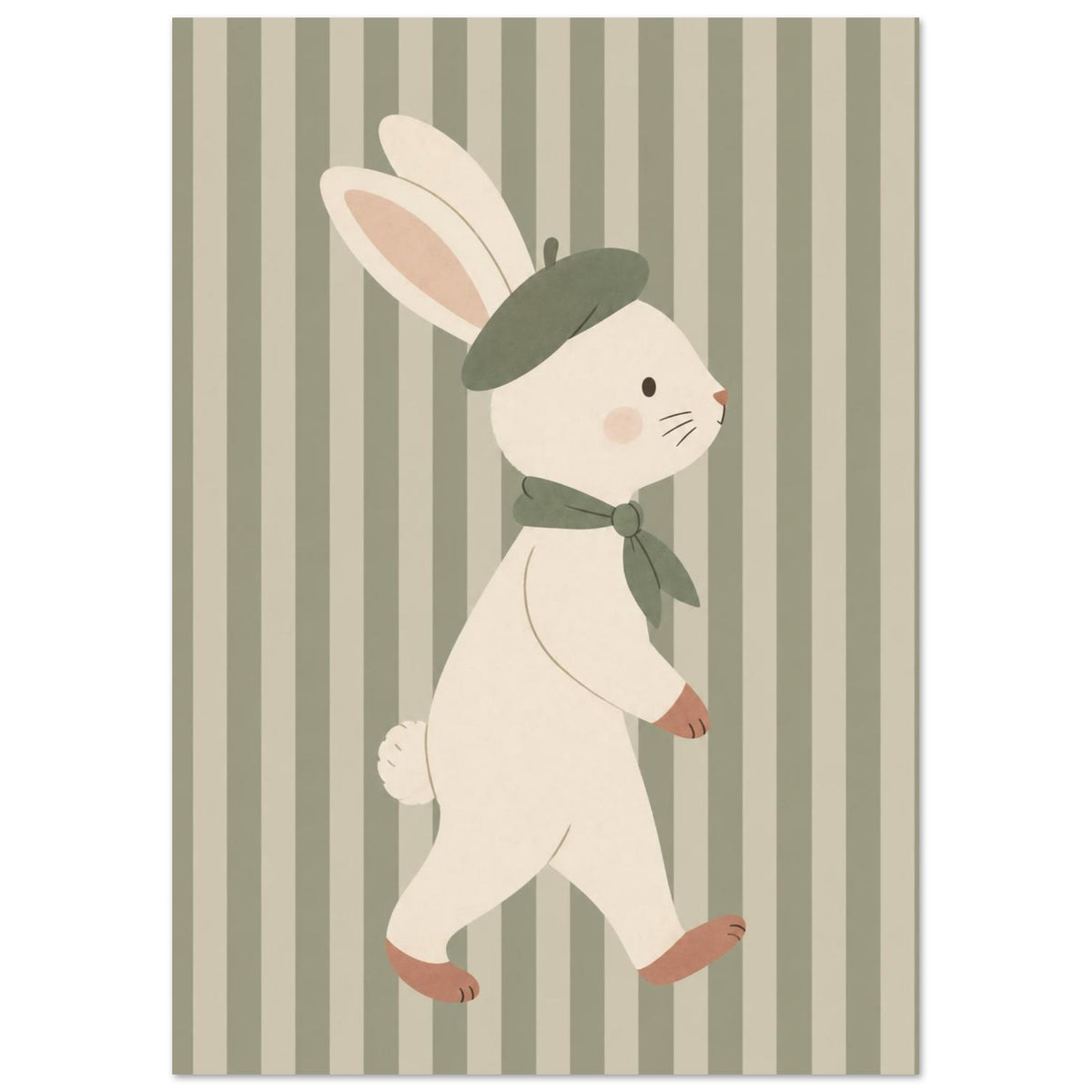 Cream bunny wearing a green beret and scarf, walking against muted green and beige vertical stripes.