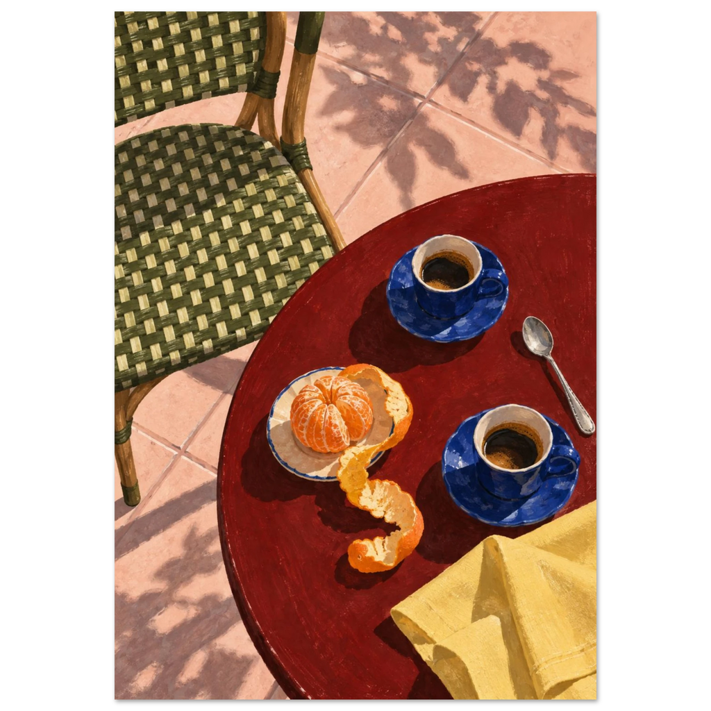 Two blue coffee cups, a peeled orange, spoon and yellow cloth on a red table beside a green woven chair and pink tiles.