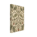 Intertwining strawberry vines with green leaves, pale flowers and muted red berries on a mottled cream background.