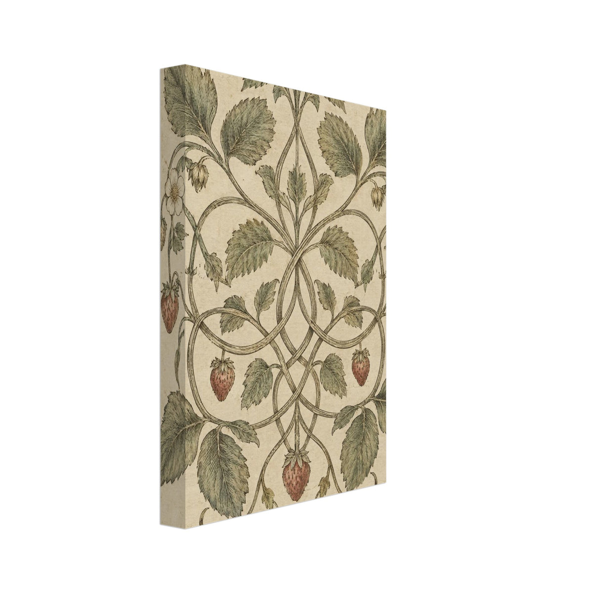 Intertwining strawberry vines with green leaves, pale flowers and muted red berries on a mottled cream background.