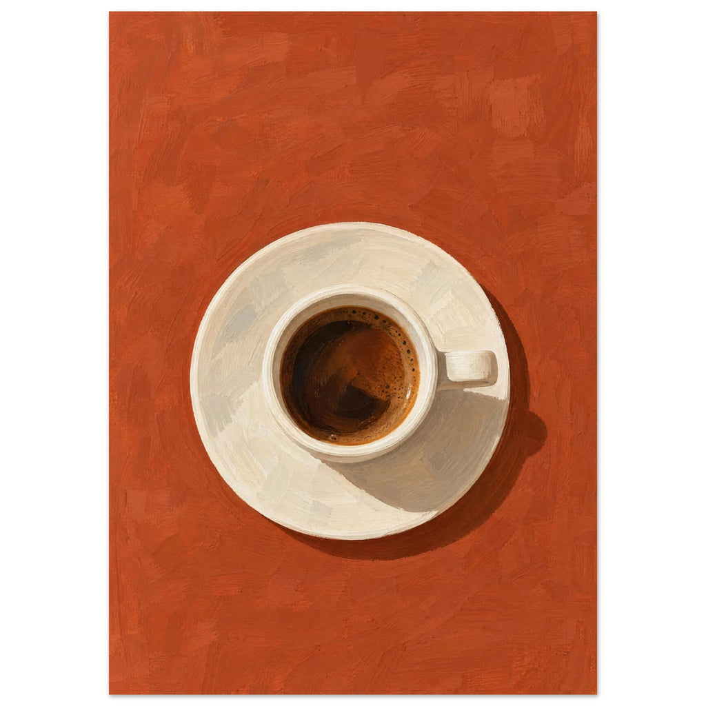Espresso in a cream cup and saucer, viewed from above on a textured terracotta background with a dark cast shadow.