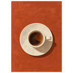 Espresso in a cream cup and saucer, viewed from above on a textured terracotta background with a dark cast shadow.