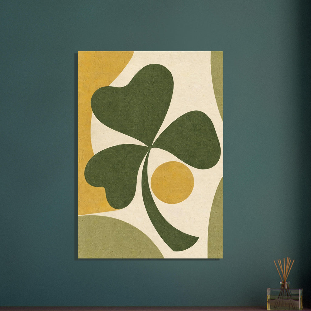 Green three-leaf shamrock with a curved stem, yellow circle and flowing mustard and muted green shapes on cream.
