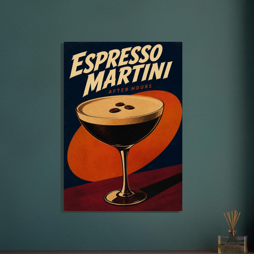 Espresso martini glass with foam and three coffee beans, cream lettering, an orange oval and navy background.