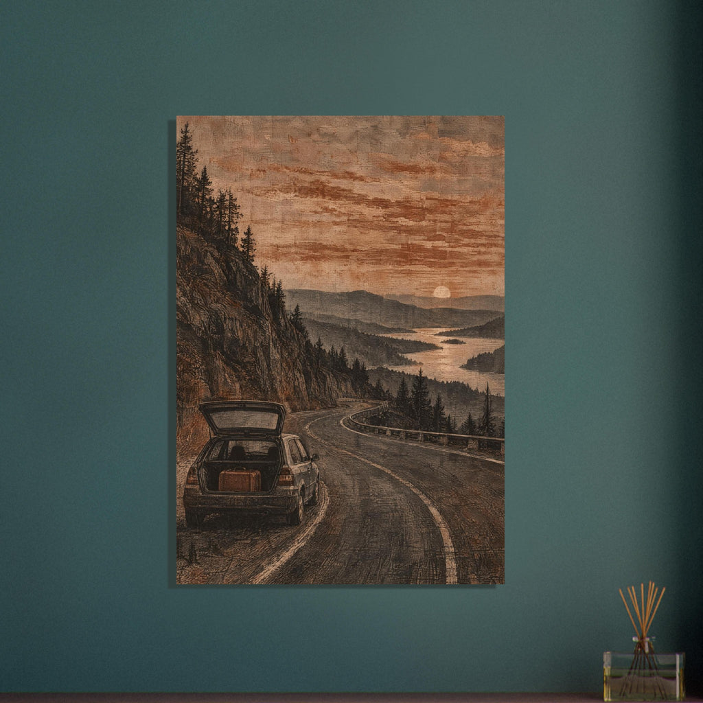 Car with an open boot and suitcase on a winding mountain road above water, with pine trees and a low sun in brown tones.
