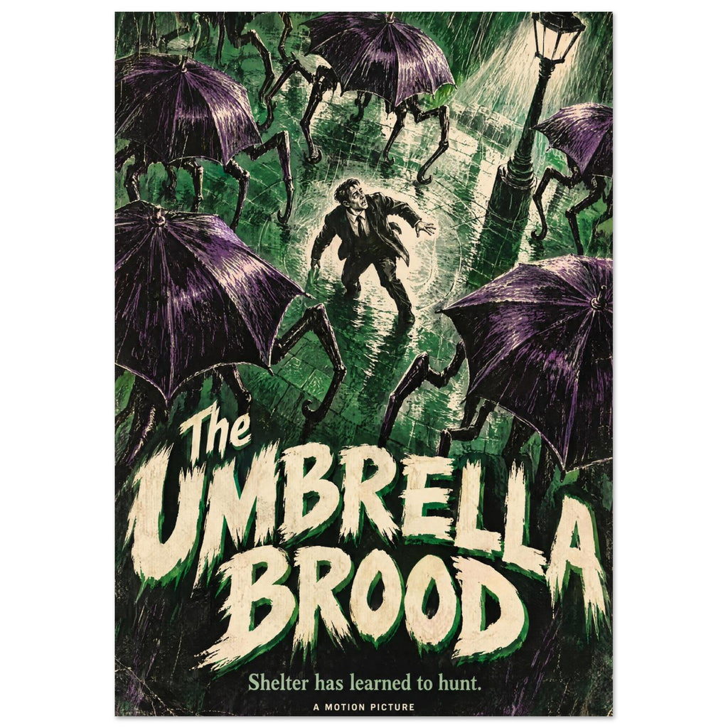 Purple umbrella creatures surround a man on a rainy green street above cream lettering reading ‘The Umbrella Brood’.