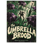 Purple umbrella creatures surround a man on a rainy green street above cream lettering reading ‘The Umbrella Brood’.