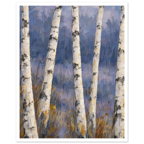 Pale birch trunks with dark bark markings against a painterly blue and lavender background, with ochre grasses below.