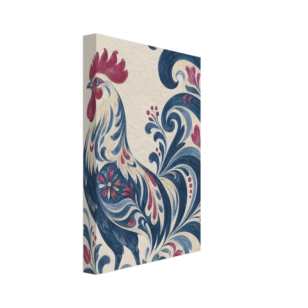 Decorative blue and cream rooster with a burgundy comb, surrounded by sweeping blue floral scrolls on cream.