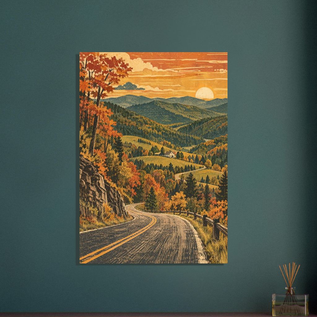 Winding road through orange and gold autumn trees, with a valley house, layered green mountains and a low sun.
