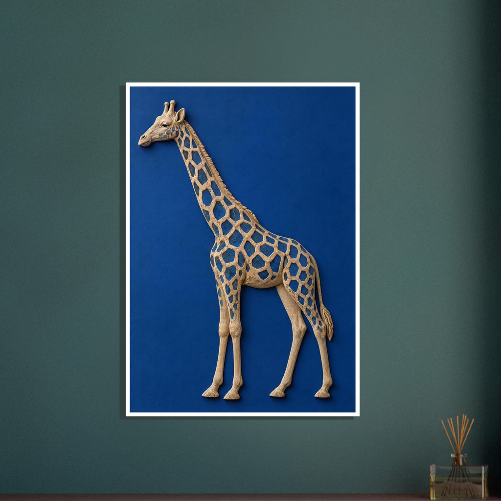 Beige giraffe with blue patches and a raised, sculptural appearance against a textured cobalt blue background.