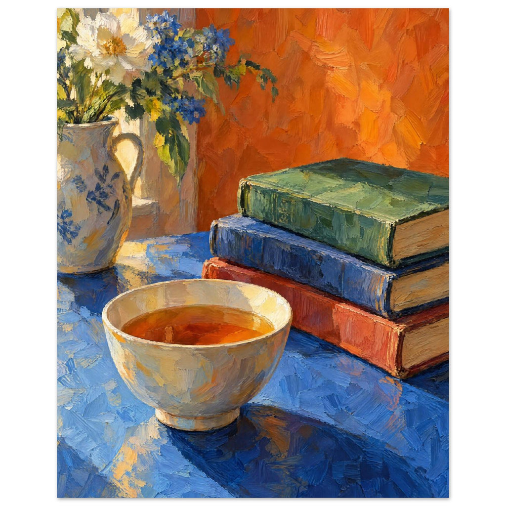 Bowl of tea beside stacked books and a jug of white and blue flowers on a blue table against an orange background.