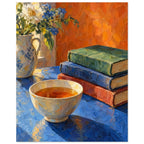 Bowl of tea beside stacked books and a jug of white and blue flowers on a blue table against an orange background.