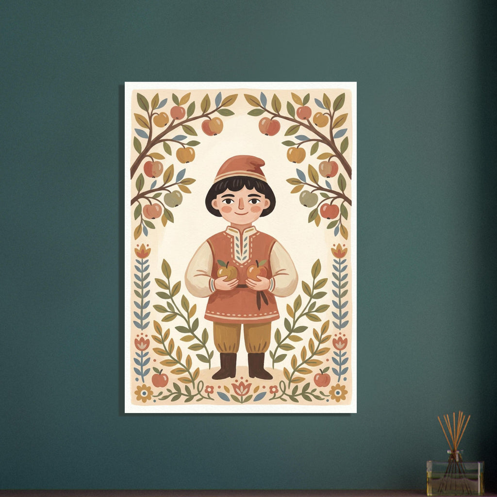 Child in a terracotta hat and tunic holding apples, surrounded by apple branches, leaves and stylised flowers.