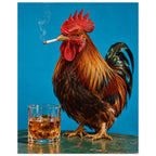 Rooster holding a smoking cigarette beside a glass of amber liquid and ice against a bright blue background.