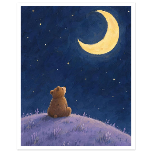 Brown bear sitting on a lilac hill, looking up at a yellow crescent moon and scattered stars in a deep blue sky.