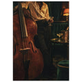 Double bass beside a figure holding a stemmed glass, with dark green seating, a drinks table and a glowing lamp.