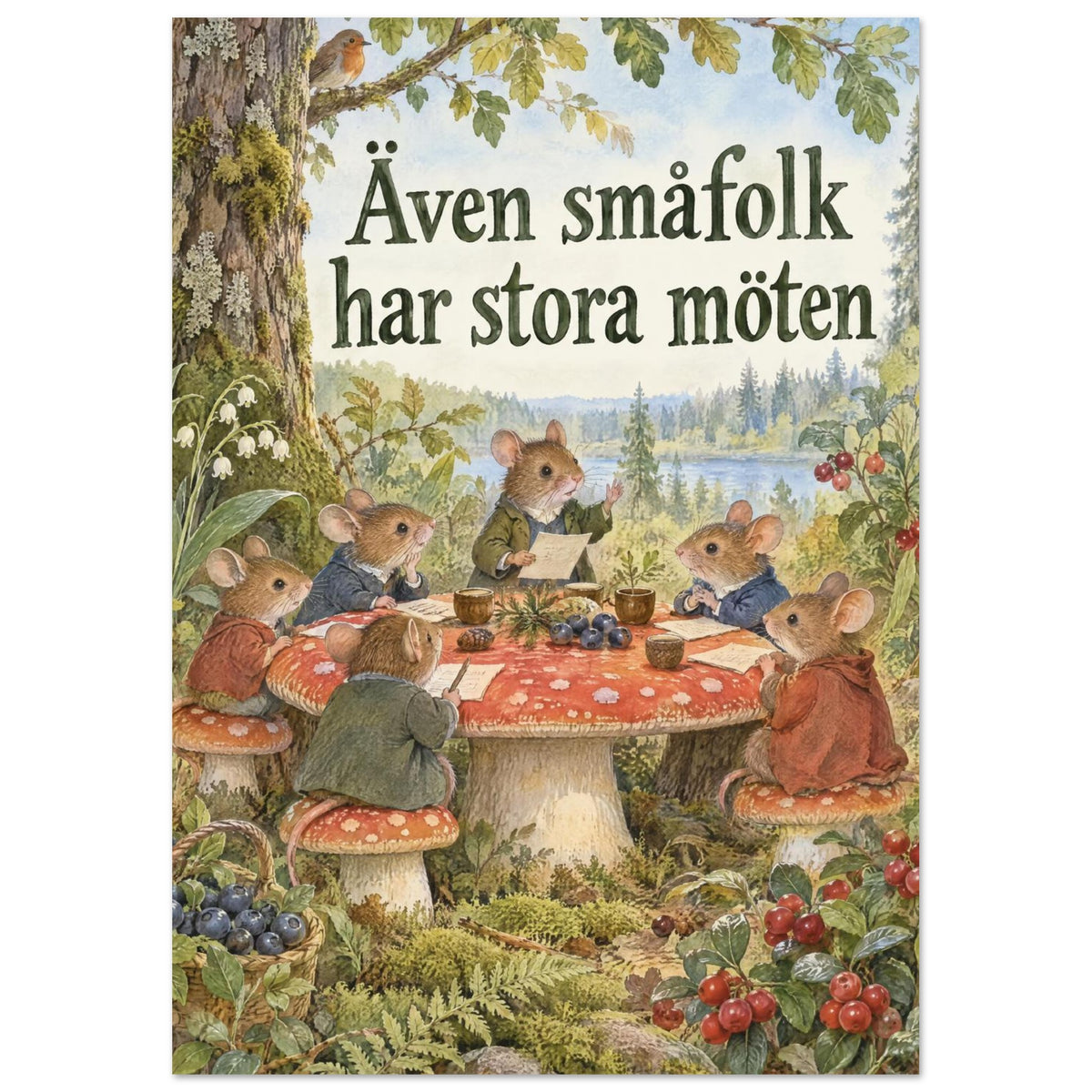 Små skogsmöss håller möte vid ett svampbord bland blåbär och lingon under texten Även småfolk har stora möten.