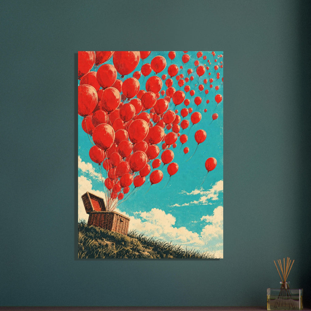 Red balloons with trailing strings rise from an open wicker basket on a grassy slope beneath a turquoise sky.