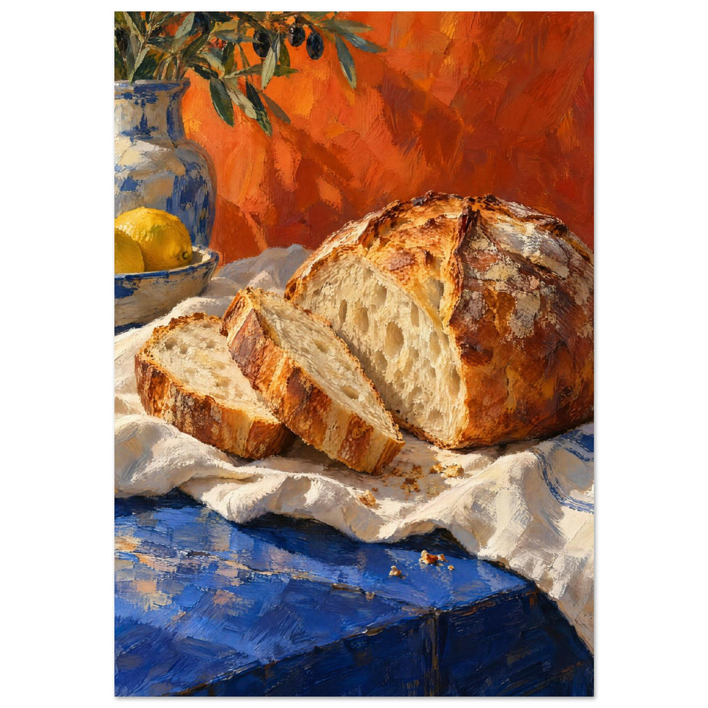 Sliced crusty loaf on cream cloth over a blue table, with lemons, pottery and olive branches against an orange backdrop.