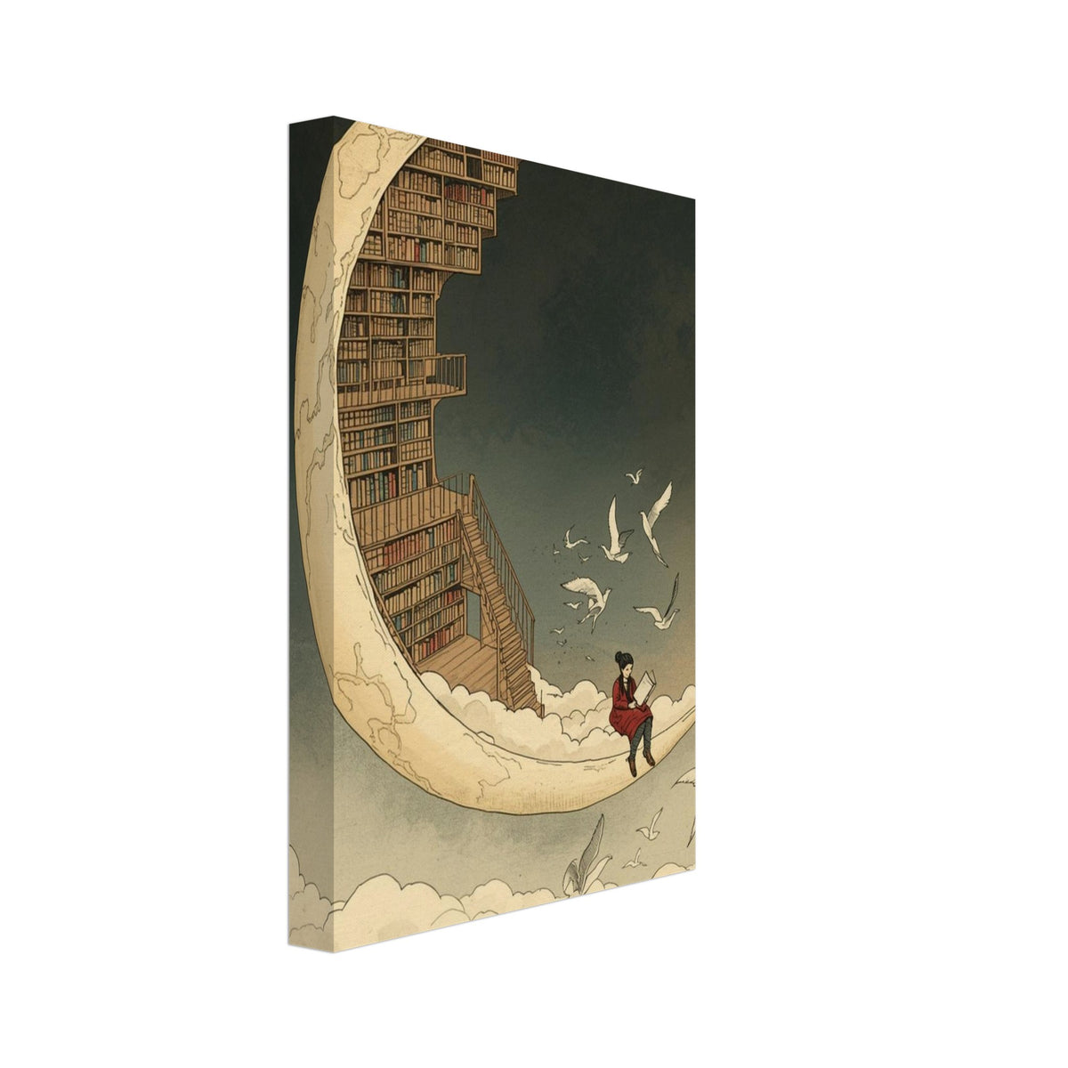 Crescent Moon Library Vintage Art Print – Canvas