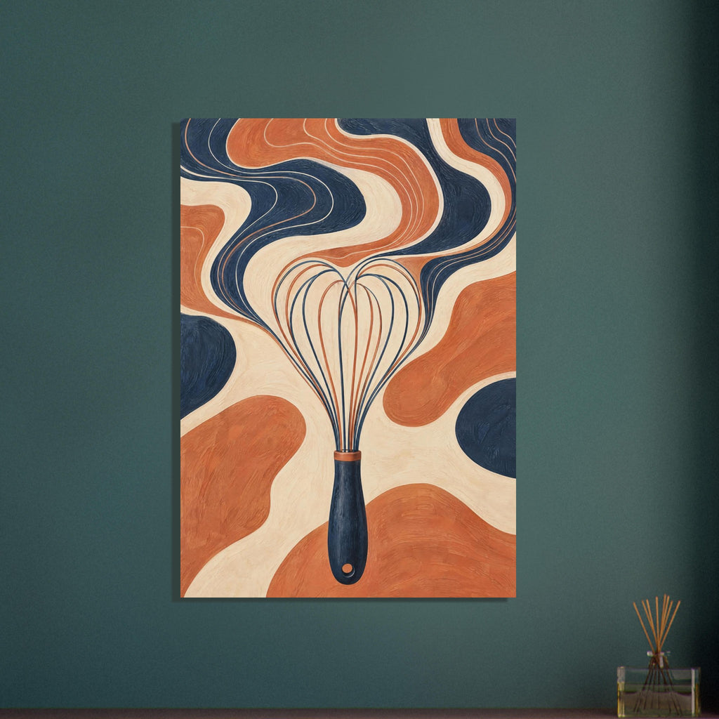 Kitchen whisk with a navy handle against textured, flowing bands of terracotta, cream and navy.