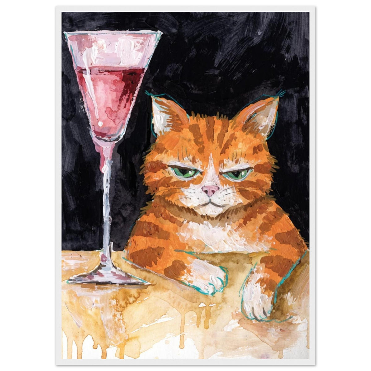 Ginger cat with green eyes resting its white paws on a golden table beside a tall glass of pink liquid, on black.