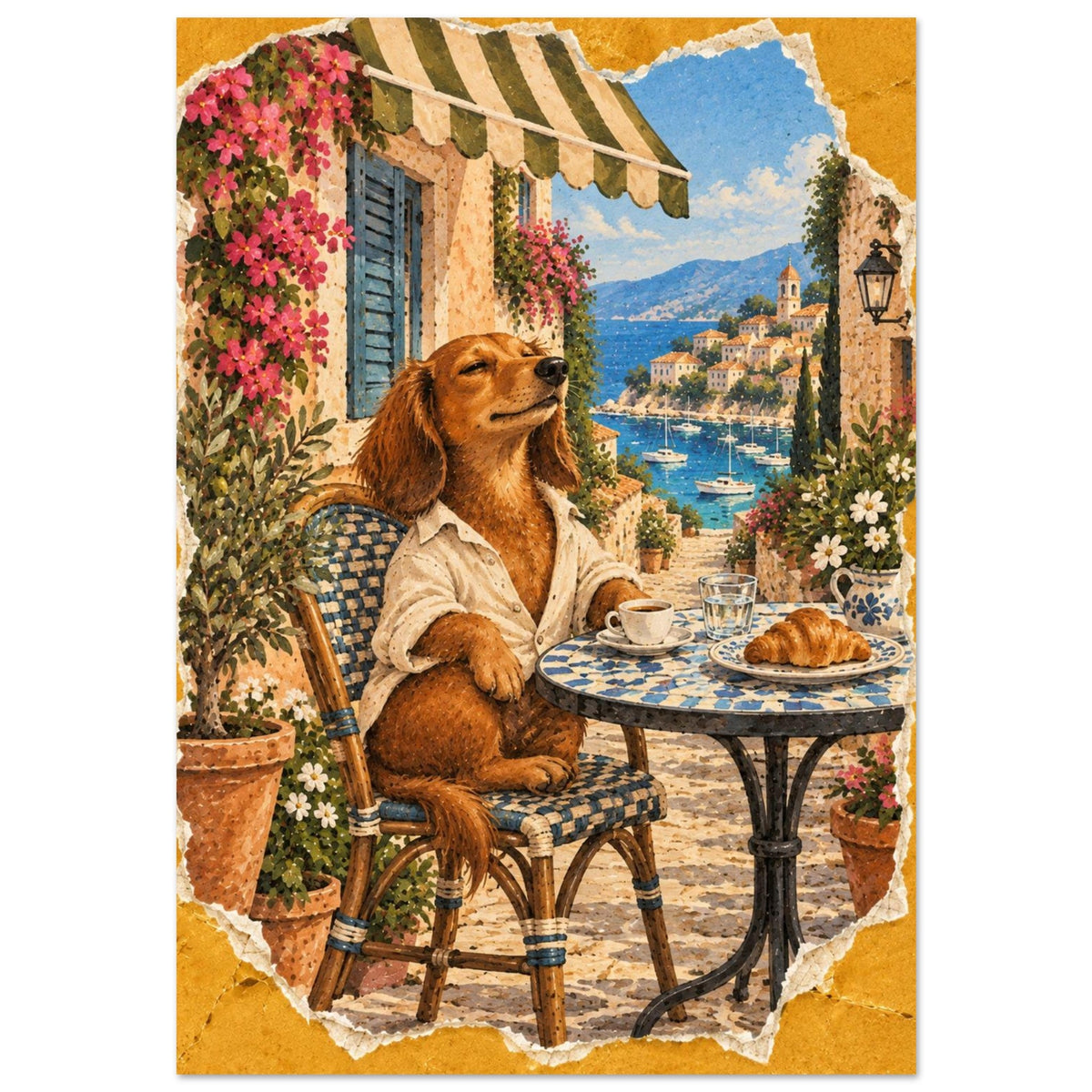 Brown dog in a cream shirt at a café table with coffee and a croissant, overlooking a harbour with boats.