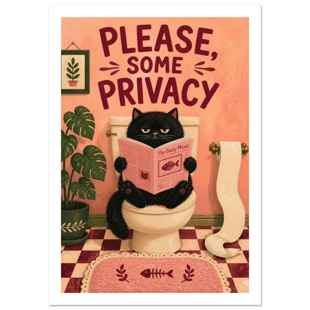 Black cat reading a newspaper on a toilet beneath ‘PLEASE, SOME PRIVACY’, with plants and a peach bathroom backdrop.