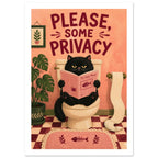 Black cat reading a newspaper on a toilet beneath ‘PLEASE, SOME PRIVACY’, with plants and a peach bathroom backdrop.
