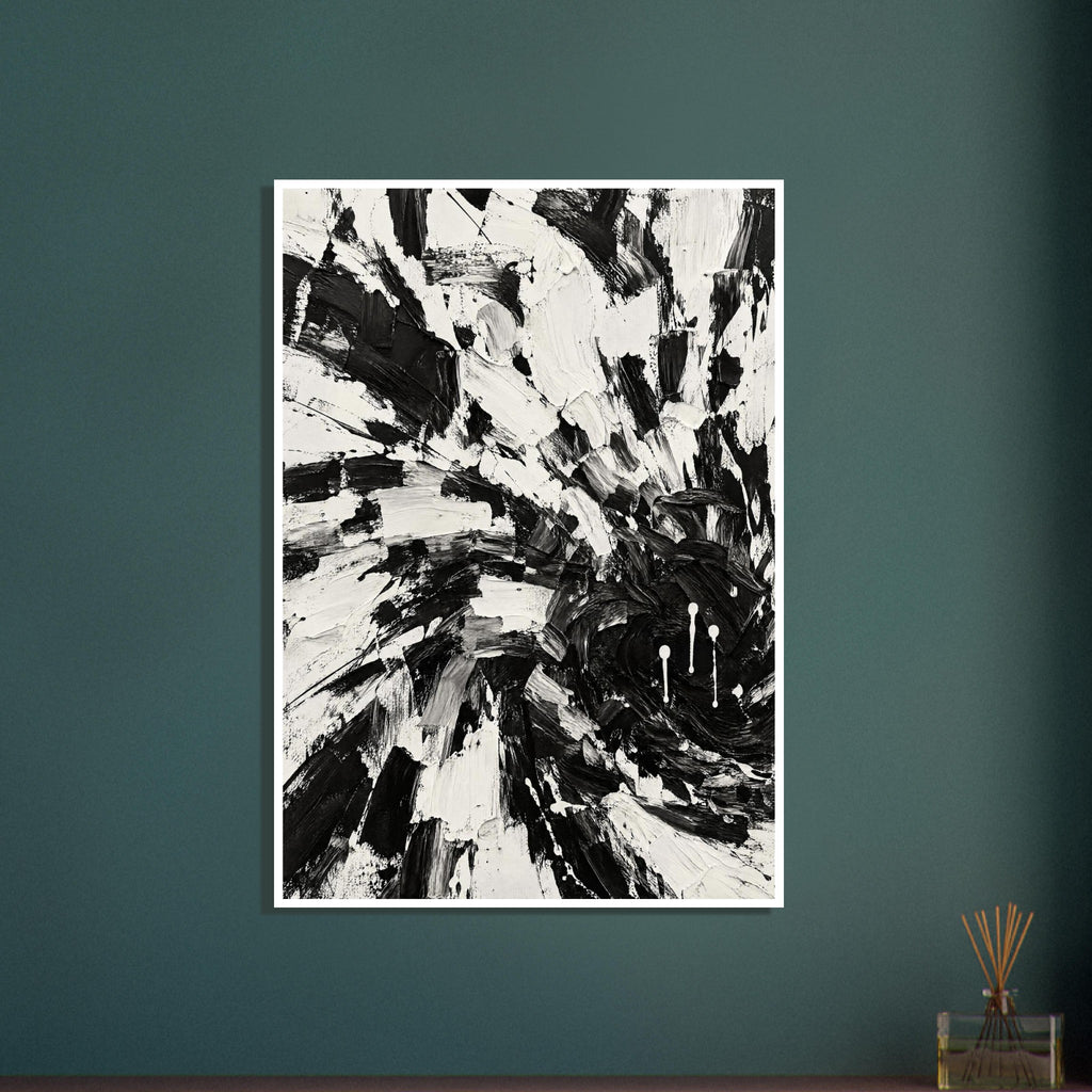 Abstract black and white brushstrokes with thick ridged marks, sweeping curves, scraped edges and white paint drips.