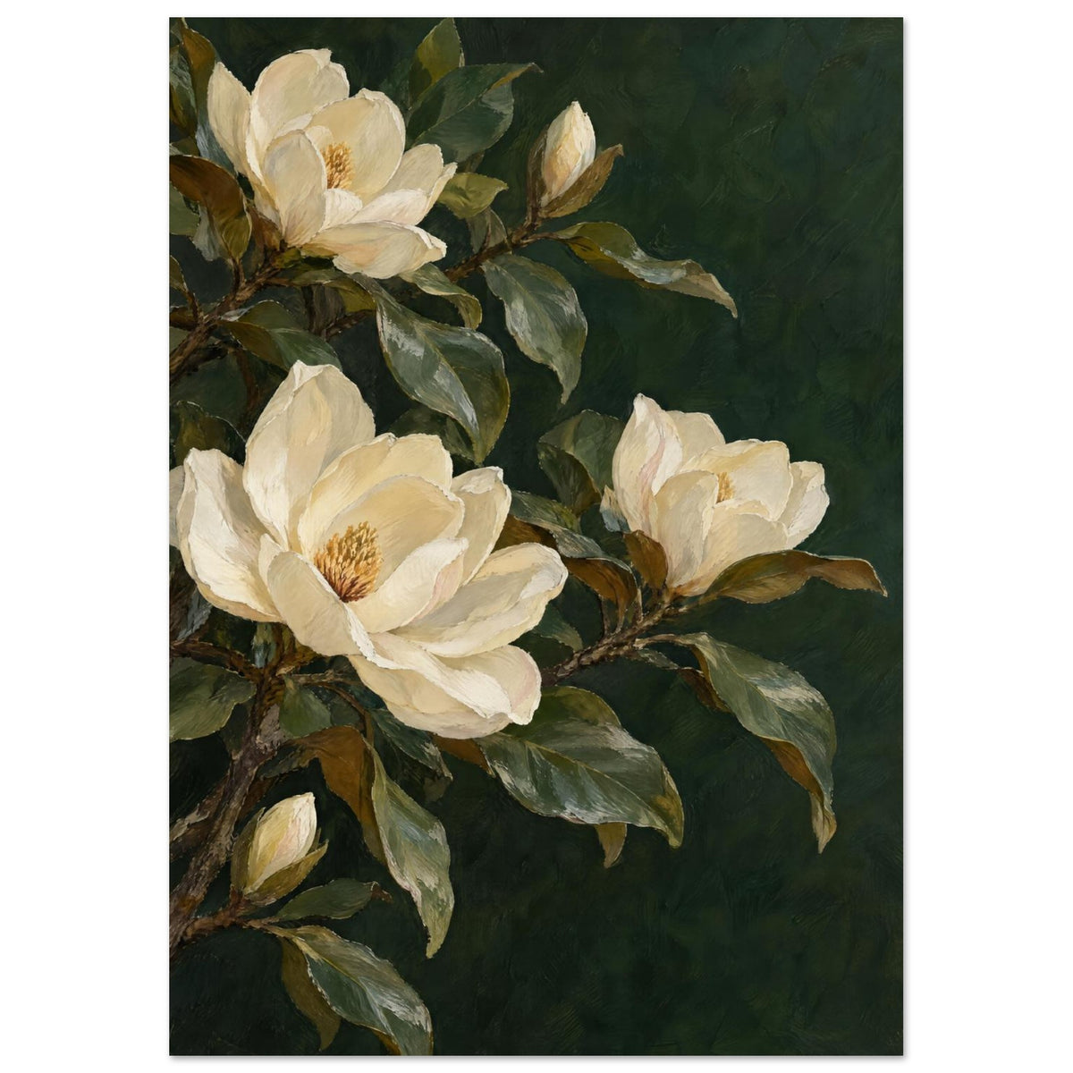 Cream Magnolia Dark Green Art Print