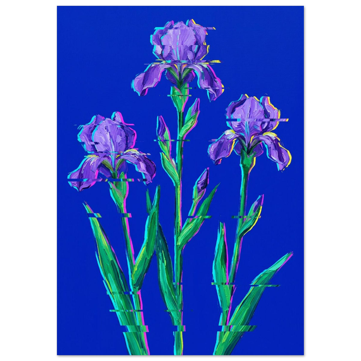 Three purple irises with green stems and pointed leaves on cobalt blue, interrupted by colourful horizontal glitch lines.