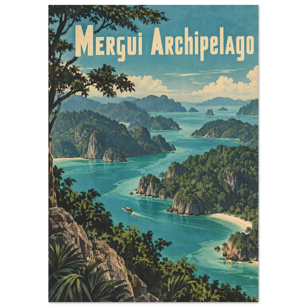 Mergui Archipelago lettering above turquoise sea, forested rocky islands and sandy coves, framed by foreground trees.