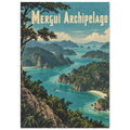 Mergui Archipelago lettering above turquoise sea, forested rocky islands and sandy coves, framed by foreground trees.