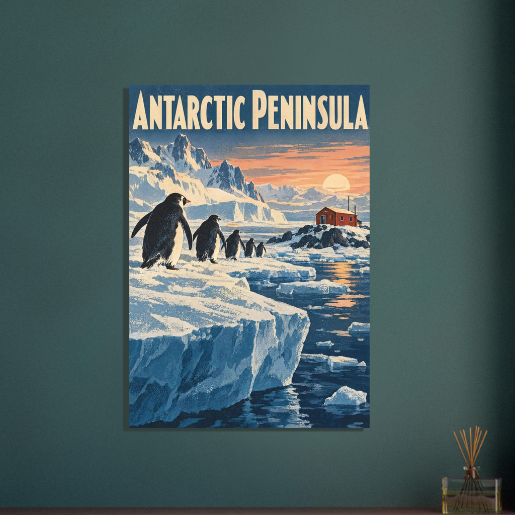 Penguins on Antarctic ice with snowy mountains, a red cabin and a low sun beneath large Antarctic Peninsula lettering.