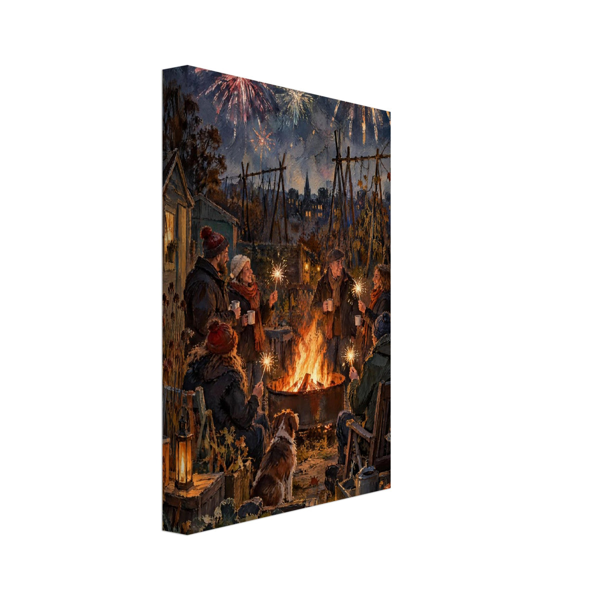 People with sparklers gather around a fire pit with a dog in an allotment, beneath fireworks in a dark blue sky.